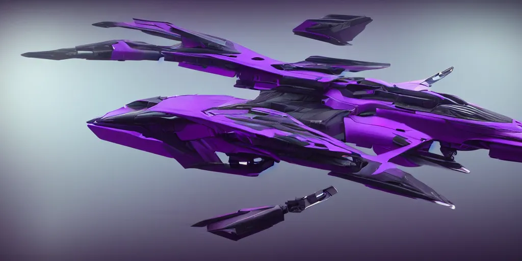 Image similar to cyberpunk concept inspired jet, futuristic look, highly detailed body, aerodynamic body, photorealistic camera shot, bright studio setting, studio lighting, crisp quality and light reflections, unreal engine 5 quality render, purple and dark tones