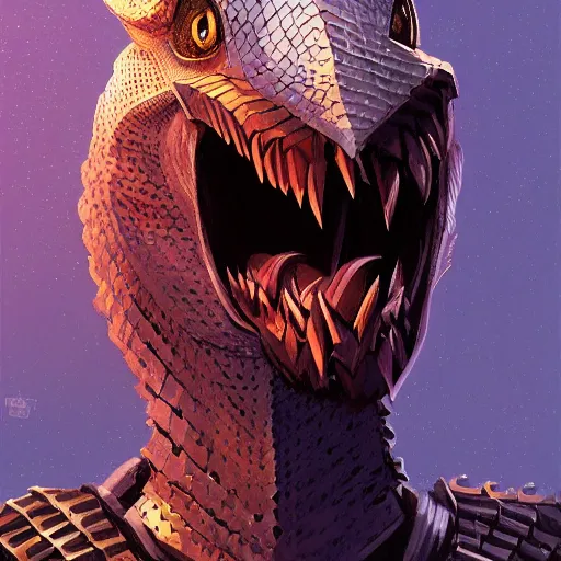 Image similar to portrait of an antropomorphic raptor knight, reptile face, wearing chainmail armor, angry look, ready for battle, mattepainting concept blizzard pixar maya engine on cold night stylized background splash comics global illumination lighting artstation lois van baarle, ilya kuvshinov, rossdraws