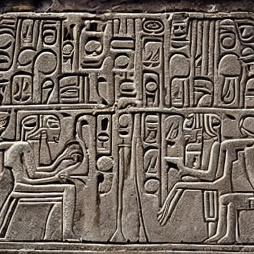 Prompt: ancient hieroglyphs from an alternate universe carved in stone just discovered at a archeological site