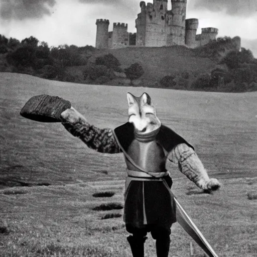 Prompt: anthropomorphic fox!! who is a medieval knight holding a swo - rd towards a s - tormy thundercloud [ 1 9 3 0 s film still ], ( castle in the background )