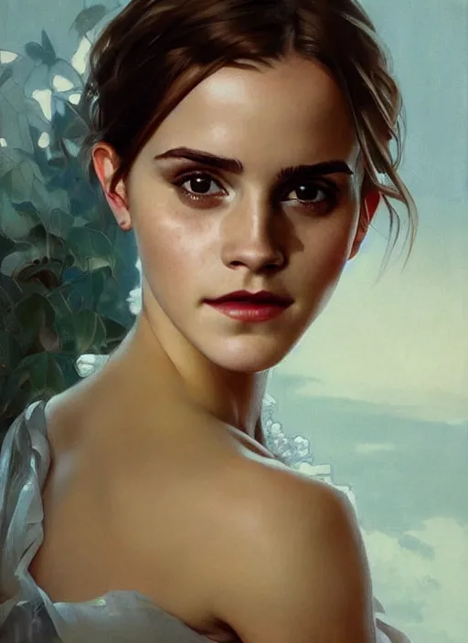 Image similar to oil painting of emma watson giving biting her lip seductive look. beautiful detailed face. by artgerm and greg rutkowski and alphonse mucha