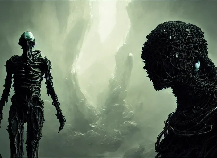 Image similar to a mysterious translucent space alien, lone traveler, muscle shirt, eerie shimmering surroundings, concept art, intricate, detailed, award - winning, cinematic, octane render, 8 k, photorealistic, by tsutomu nihei and emil melmoth and gustave dore and craig mullins and yoji shinkawa