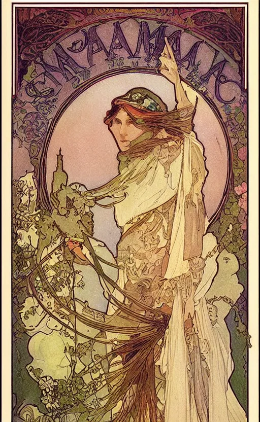 Image similar to the magician, tarot, beautiful border, by alfons maria mucha, highly detailded