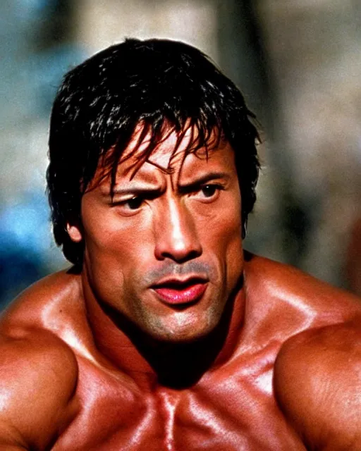 Image similar to Film still close-up shot of Dwayne Johnson as Rocky Balboa from the movie Rocky. Photographic, photography