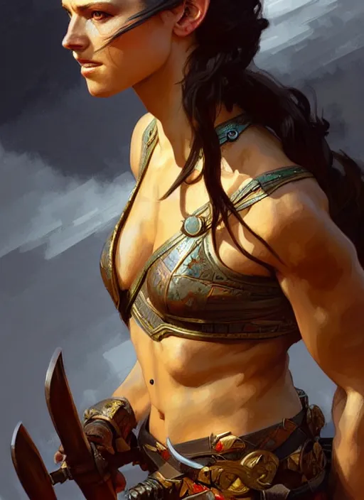 Image similar to portrait of a portrait of beautiful female warrior, d & d, qpao fantasy, flat lighting, intricate, muscular, highly detailed, digital painting, artstation, concept art, smooth, sharp focus, illustration, art by simon bisley and greg rutkowski and alphonse mucha, natural tpose