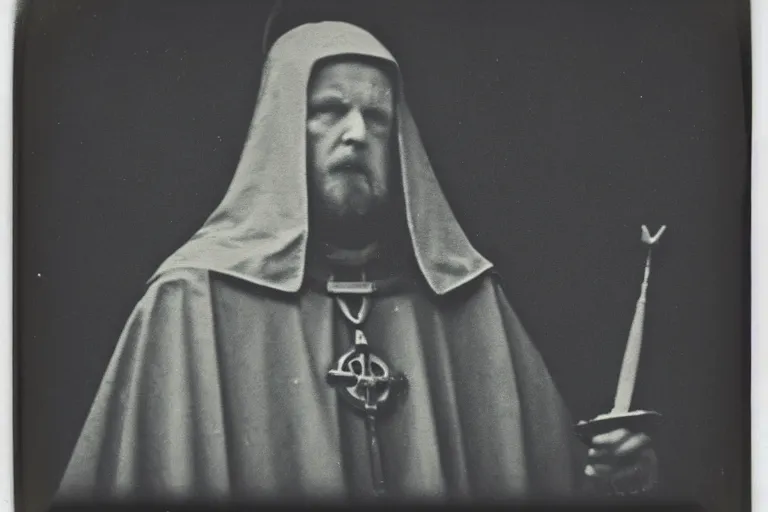 Image similar to dark old polaroid of an medieval bishop, wide angle