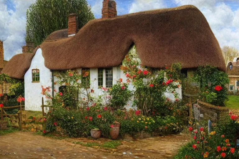 Prompt: A quaint cottage in an English village, merry england, oil on canvas, 4k, detailed, in the style of William Holman Hunt