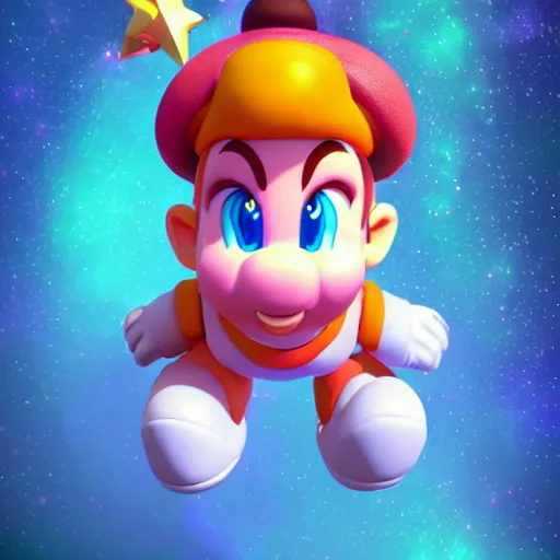 Image similar to 3 d doja cat in the style of nintendo's super mario galaxy, doja cat dressed as princess peach, brown skin, cute beautiful, video game, octane render, artistic, dynamic colors, hideo miyazaki, video game art, 3 d platformer character, bright, fun, smiling, highly detailed, octane render 8 k