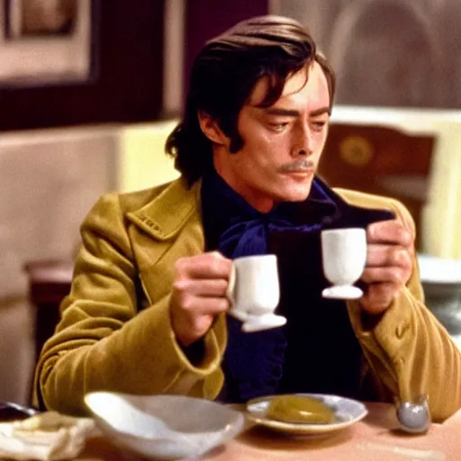 Prompt: Still in technicolor of Alain Delon holding a tea cup and a madeleine fromage the 1973 film by Luchino Visconti In search of lost time