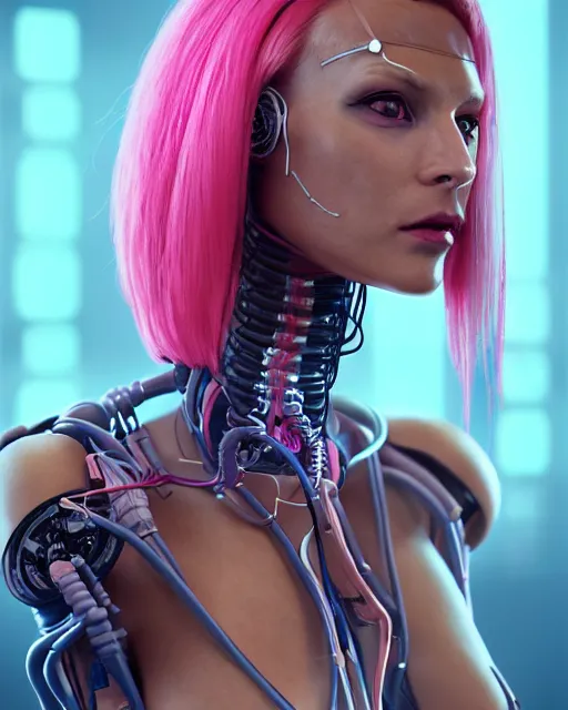 Prompt: portrait of a beautiful tan woman with pink hair as a cyberpunk cyborg half robot, revealing wires and electronics, hooked - up, sci - fi, missing panels, intricate abstract upper body intricate artwork, concept art, octane render, deviantart, cinematic, key art, hyperrealism, iridescent accents, portrait photograph, nikon 3 5 mm, photograph by greg rutkowski