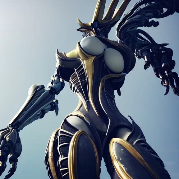 Prompt: highly detailed giantess shot, worms eye view, looking up at a giant goddess saryn prime female warframe, as a stunning beautiful anthropomorphic robot female dragon, detailed thick warframe legs towering over you, sleek streamlined white armor, camera looking up, posing elegantly over you, sharp robot dragon claws, proportionally accurate, two arms, two legs, giantess shot, ground view shot, cinematic low shot, massive scale, warframe fanart, destiny fanart, high quality, captura, realistic, professional digital art, high end digital art, furry art, dragon art, macro art, warframe art, destiny art, giantess art, anthro art, DeviantArt, artstation, Furaffinity, 3D realism, 8k HD octane render, epic lighting, depth of field