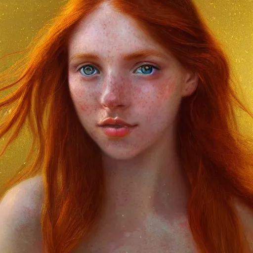 Prompt: portrait of a red haired girl, long hair, green eyes, hint of freckles, beautiful round face, soft amazed smiles, among golden fireflies, highly detailed, deep focus, elegant, digital painting, smooth, sharp focus, golden ratio, illustration, ultra realistic, 8 k, art by vittorio reggianini