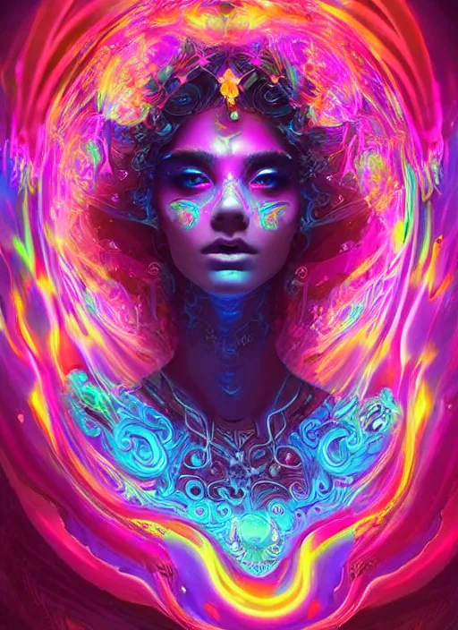 Image similar to psychedelic [ [ [ chemiluminescence ] ] ] elegant woman chakra spirit with smoke and fluid dynamics, colorful, psychedelic, ornate, intricate, digital painting, concept art, smooth, sharp focus, illustration, blacklight reacting, art by artgerm and greg rutkowski