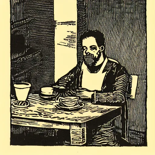 Prompt: woodcut of a bored man eating bland breakfast