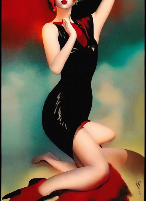 Image similar to an 8 0 s portrait of a woman with dark eye - shadow and red lips with dark slicked back hair dreaming acid - fueled hallucinations by serge lutens, rolf armstrong, delphin enjolras, peter elson