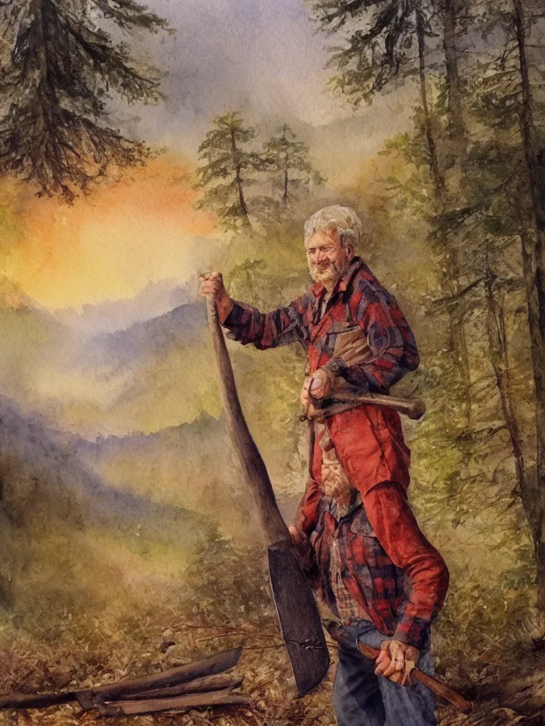 Image similar to a watercolor painting of a man wearing lumberjack clothes and holding a axe by william turner, forest in the background, warm colors, anatomically correct, five fingers, realistic and defined face, realistic, digital painting, masterpiece, watercolor, william turner, symmetrical, low contrast, warm