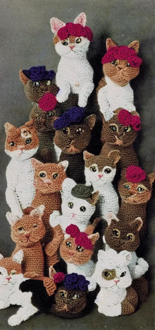 Image similar to multicolored crocheted cats, 1 9 1 0 s catalogue photo,