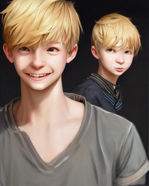 Image similar to portrait of 1 5 - year - old boy with blonde hair, round - face, smile with and slightly buck - toothed, hyper realistic face, beautiful eyes, character art, art by artgerm lau and wlop and and ilya kuvshinov and john singer sargent, hyperdetailed, symmetrical, cryengine, trending on artstation, digital art