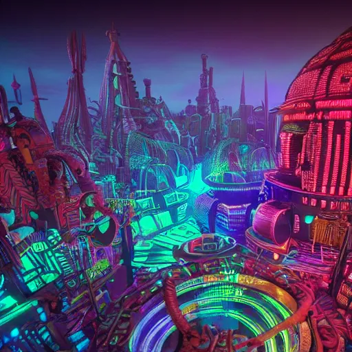 Image similar to a glossy claymodel of a steampunk aztec futuristic city, a city made of wires and multicolored glowing tubes, multicolored led screen, 8 k, front shot, symetrical, flourescent colors, halluzinogenic, multicolored, insanely detailed, 3 d render, octane