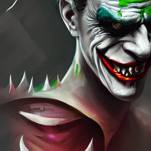 Image similar to the joker wearing the dark knight mask, snarling teeth, digital painting, amazing detail, art station, cgsociety