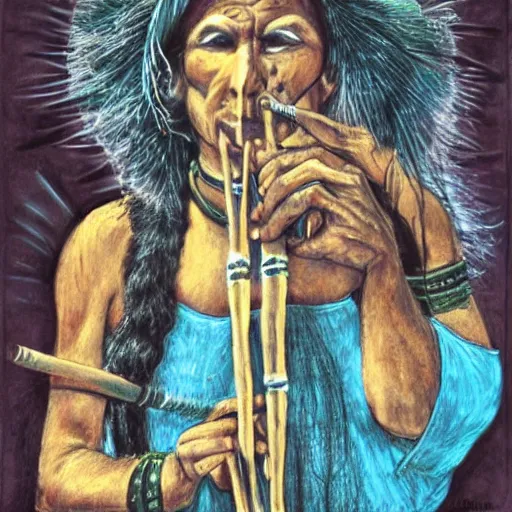 Prompt: a shaman playing a bone flute, a female air elemental coming out of the other end of a flute