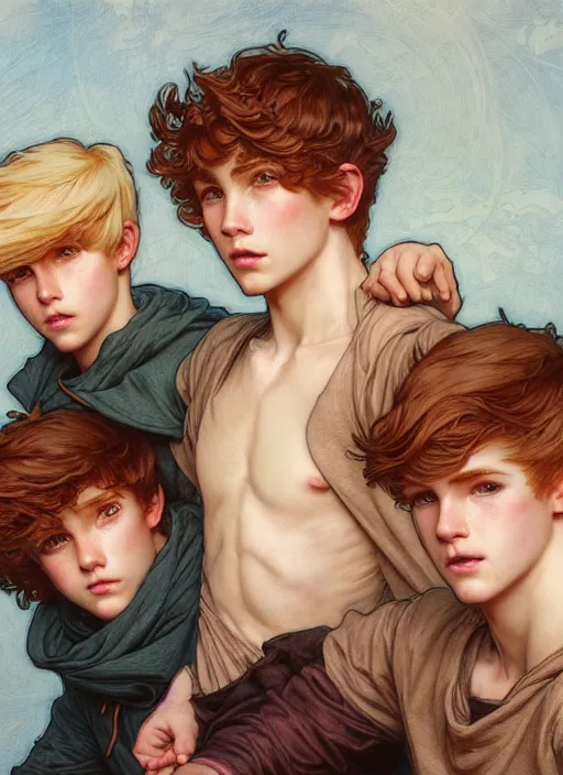 Prompt: close up portrait of mischievous male teen triplets, blond boy, brunette boy and redhead boy, ambercrombie by artgerm, cushart krenz, greg rutkowski, mucha. art nouveau. gloomhaven, tropical atmosphere, natural tones, vibrant colors, sharp edges. ultra clear detailed. 8 k. elegant, intricate, octane render