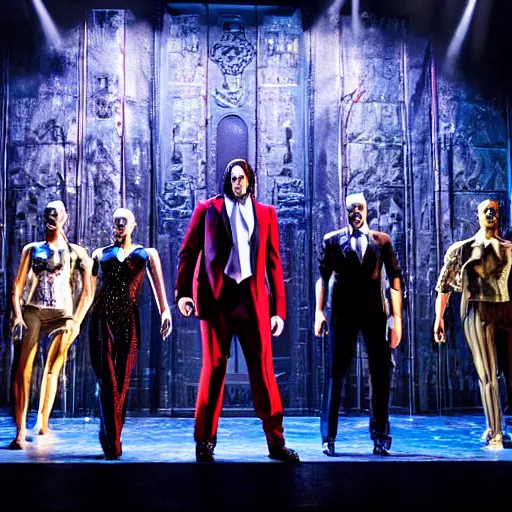 Image similar to Production photo of John Wick the musical on broadway, dancing, singing, fighting, John Wick costumes by Julie Taymor, set design by Julie Taymor