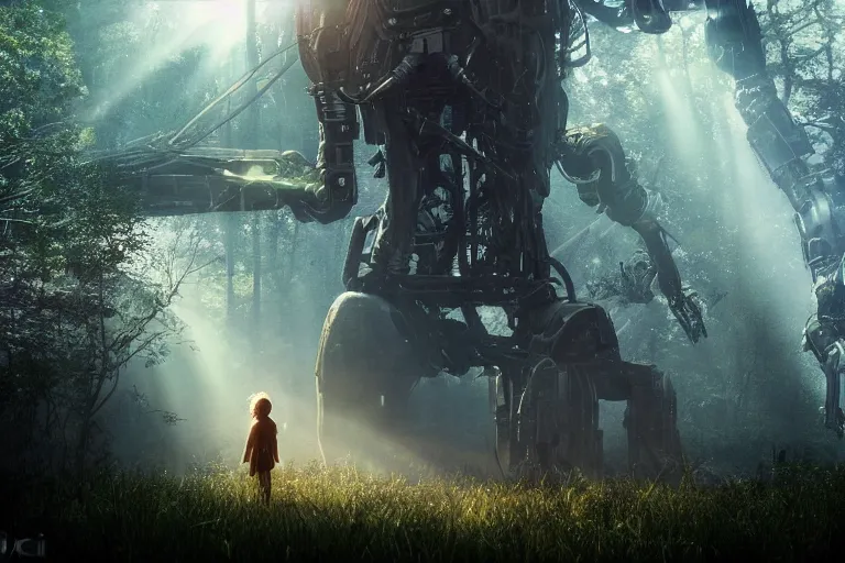 Image similar to the great beyond, sci - fi scene future new york, little girl holding a hand of a big robot, forest punk, crepuscular rays, epic scene, hyper realistic, photo realistic, overgrowth, cinematic atmosphere, ethereal lighting, style of john - waterhouse