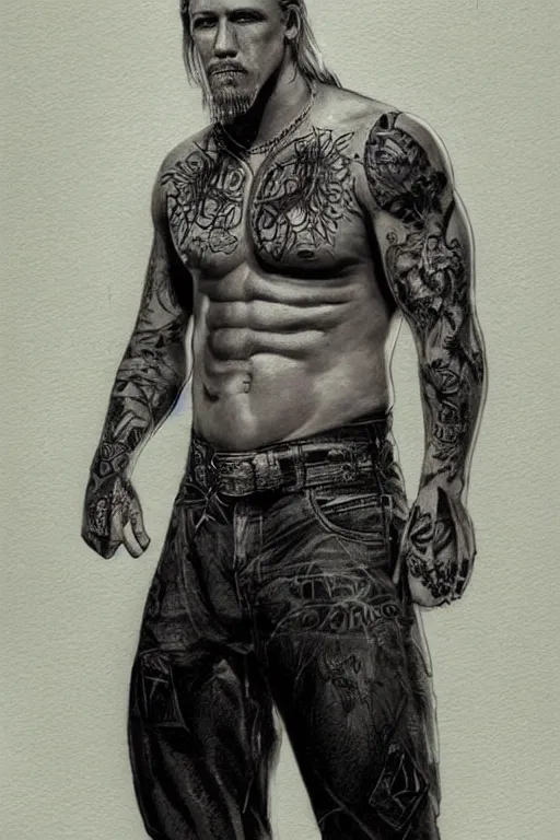 Prompt: Photorealistic Portrait of frontal standing pose torso of a very attractive muscular Jax Teller all his skin covered by dark grim themed tattoos: surrounded by magic lightings overlays, Intricate, concept art, magic lighting overlays, magical portal opened, D&D!, fantasy style, sharp focus!, ultra detailed, art by Artgerm and Peter Andrew Jones, WLUP, Magali Villeneuve