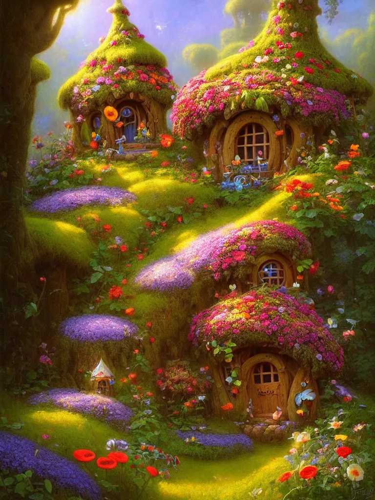 Prompt: a whimsical fairy house in a lush garden of flowers by Justin Gerard, morning light