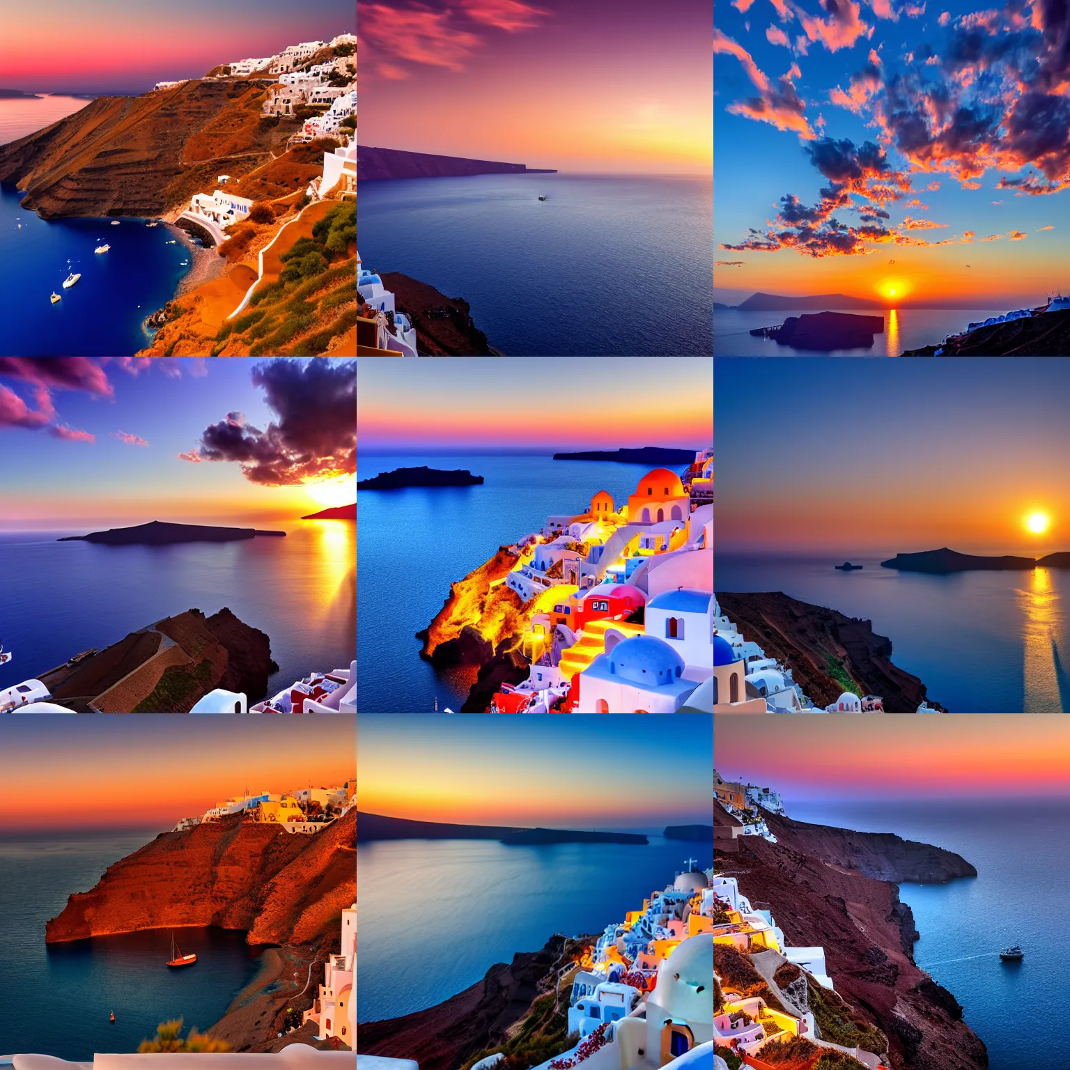 Prompt: a sunset photo of the greek coast, santorini island, realistic photo, detailed, 8k, 4k, 8k photo, realistic