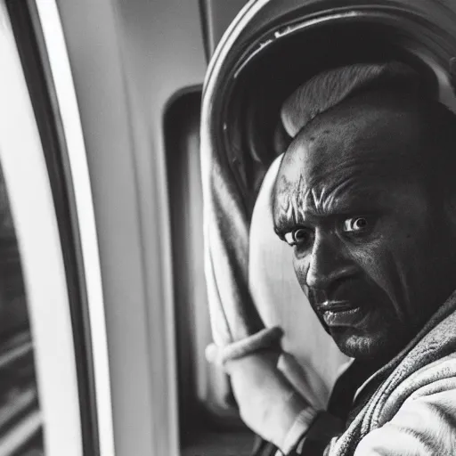 Image similar to a very confused and scared man riding a train for the first time, 8 5 mm shot