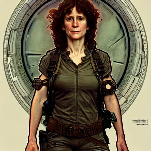 Image similar to full portrait of holly hunter as ellen ripley, fantasy, d & d, intricate, detailed, by by alphonse mucha, adolfo hohenstein, alice russell glenny, stanley artgerm lau, greg rutkowski, detailed, trending on artstation, trending on artstation, smooth