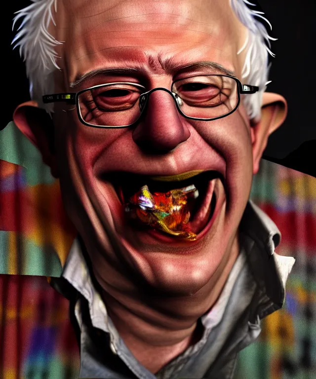 Image similar to hyperrealistic mixed media painting of Bernie Sanders as a laughing drunk, tattered plaid shirt, dimly lit dive bar, stunning 3d render inspired art by P. Craig Russell and Barry Windsor-Smith + perfect facial symmetry + dim volumetric lighting, 8k octane beautifully detailed render, post-processing, extremely hyperdetailed, intricate, epic composition, grim yet sparkling atmosphere, cinematic lighting + masterpiece, trending on artstation, very very detailed, masterpiece, stunning