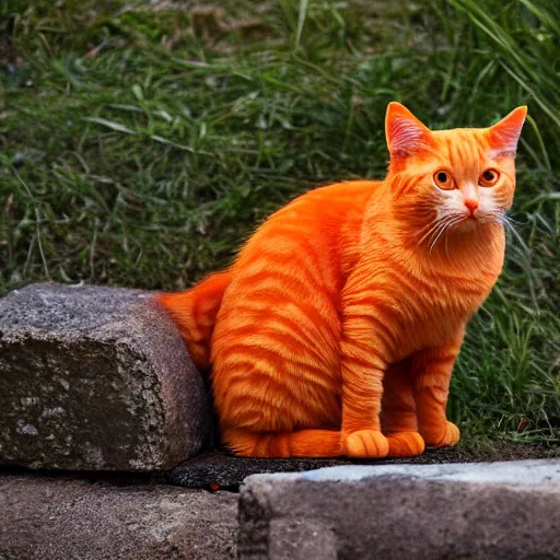 Image similar to an orange cat looking into a box ~ box is on fire ~ fire ~ high - resolution photo ~