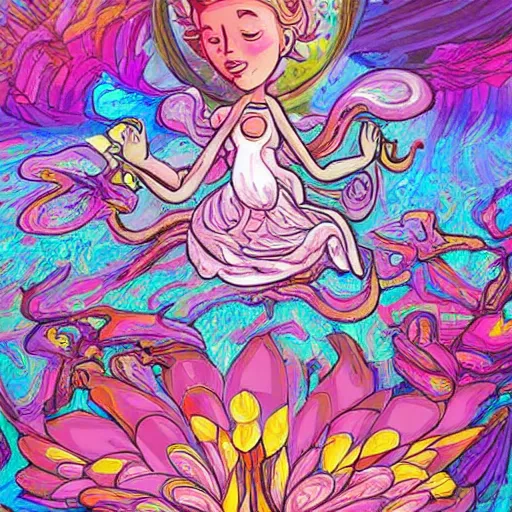 Prompt: Digital art. This illustration is a large canvas, covered in a wash of color. In the center is a cluster of flowers, their petals curling and twisting in on themselves. The effect is ethereal and dreamlike, and the overall effect is one of serenity and peace. Jetsons by Josan Gonzalez