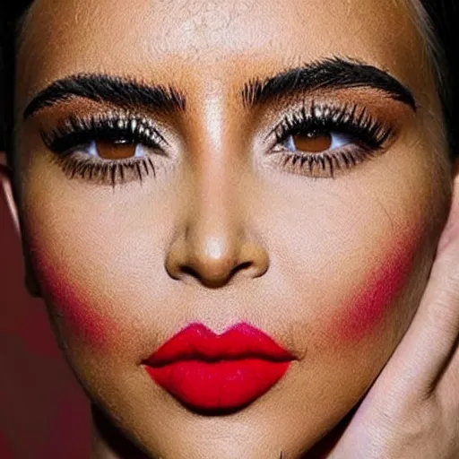 Image similar to Girl in colors, red lipstick on face, ugly look, style , Kim Kardashian look