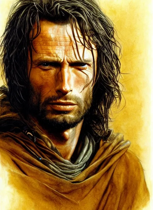 Prompt: Clint Eastwood as Aragorn by Alan Lee, medium shot, very detailed eyes, golden hour, concept art, detailed clothing, art station, oil painting