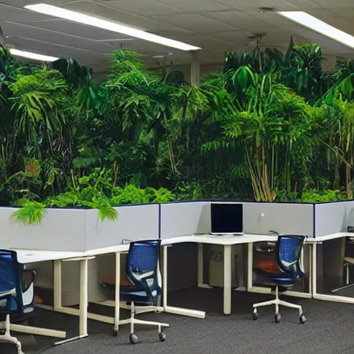 Image similar to a jungle filled with cubicle office workers, twilight,