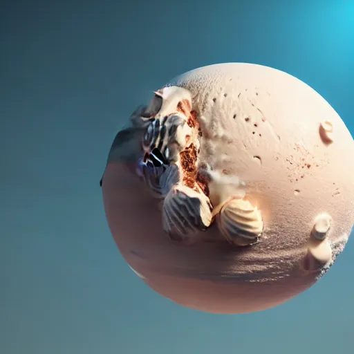 Image similar to a realistic planet made of icecream with sea of milk and chocolate mountains, super realistic, unreal engine, octane render, 8 k