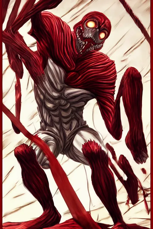 Prompt: Jerma985!!!!!!!!!! as the colossal titan, attack on titan cover art!!