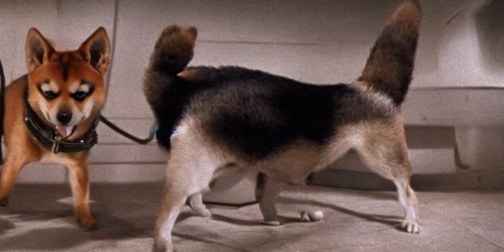 Image similar to a screenshot of the alien movie in 1 9 7 9 but the alien is a shiba inu dog