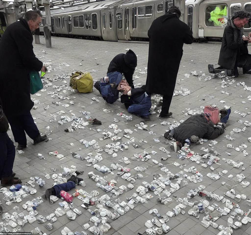 Image similar to this man was counting tablets, then he dropped them on the floor. he asked the woman next to him if the train floor had been poisoned. she didn't know, but told him that perhaps if the air had been poisoned that it didn't matter, but if the floor had been cleaned with water, then perhaps the water had been poisoned