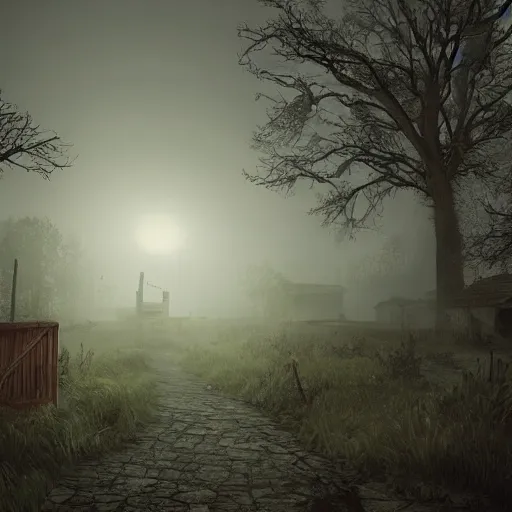 Prompt: Village, horror, fog, foster, highly detailed, game, one house, fear, hyper realistic, atmospheric lighting