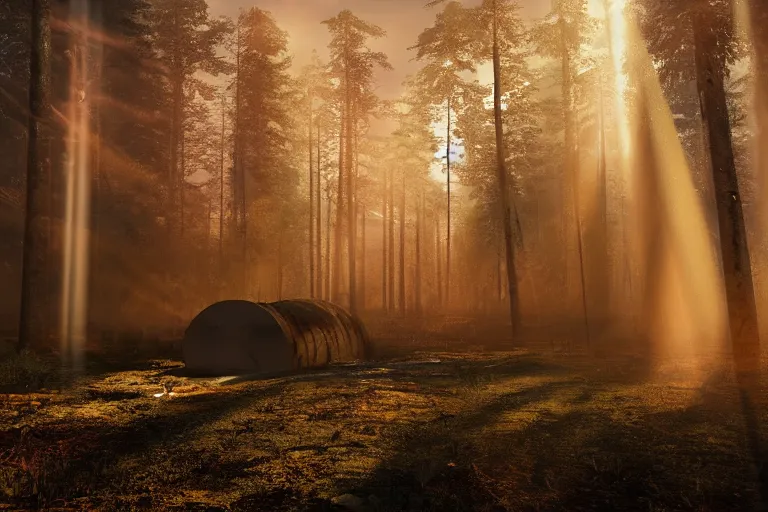 Prompt: glowing doors of a bunker in a forest, sunset, light fog, strong sunbeams are breaking through the tall trees, 4k, ultra details, cinematic, epic style, beautiful photo, hyper realistic, octane render, unreal engine, award winning, on artstation, volumetric lightning, masterpiece, golden hour,
