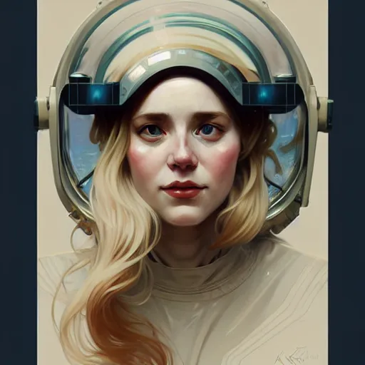 Image similar to A portrait of a blonde girl wearing a vintage sci-fi astronaut helmet, face, intricate, elegant, highly detailed, digital painting, artstation, concept art, smooth, sharp focus, illustration, art by Krenz Cushart and Artem Demura and alphonse mucha