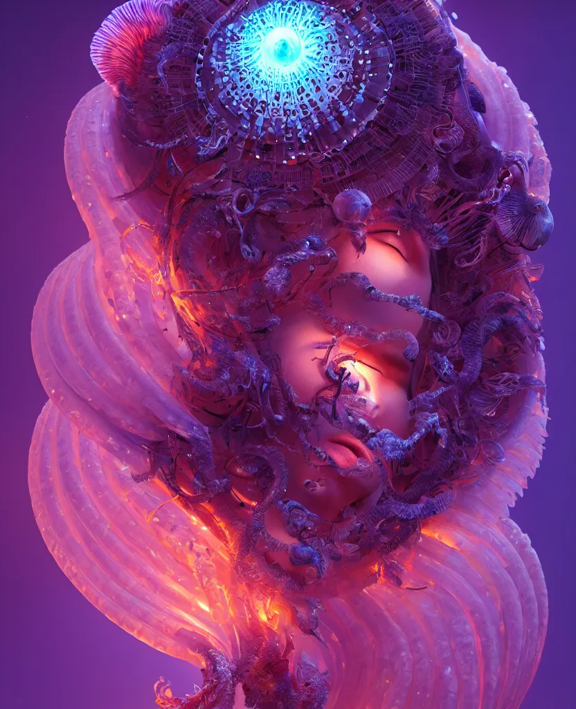 Image similar to goddess close-up portrait. chimera orchid jellyfish phoenix head, nautilus, skull, betta fish, bioluminiscent creatures, intricate artwork by Tooth Wu and wlop and beeple. octane render, trending on artstation, greg rutkowski very coherent symmetrical artwork. cinematic, hyper realism, high detail, octane render, 8k