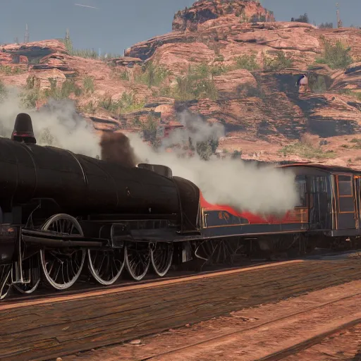 Image similar to futuristic sleek steam locomotive in red dead redemption 2