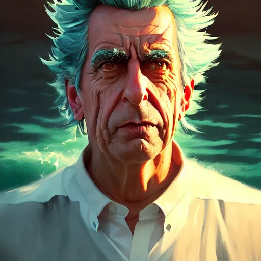 Image similar to rick sanchez portrait, dramatic light, lake background, 2 0 0 mm focal length, painted by stanley lau, painted by greg rutkowski, painted by stanley artgerm, digital art, trending on artstation