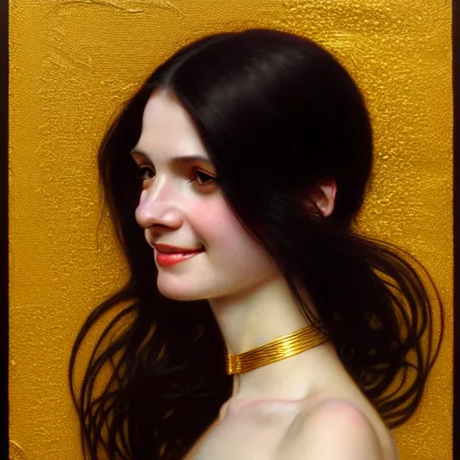 Image similar to portrait of a smiling, beautiful, pale skin eastern european female with long black hair, dark brown eyes, elegant clothing, photorealistic, highly detailed, artstation, smooth, sharp focus, gold ornaments, neon lighting, sci - fi, art by gustav klimt, artgerm, greg rutkowski and alphonse mucha